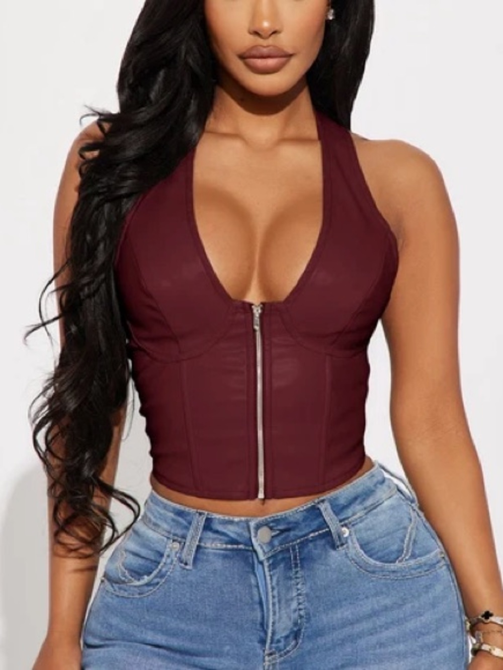Fashion Nova Burgundy Zip-Front Halter Crop Top